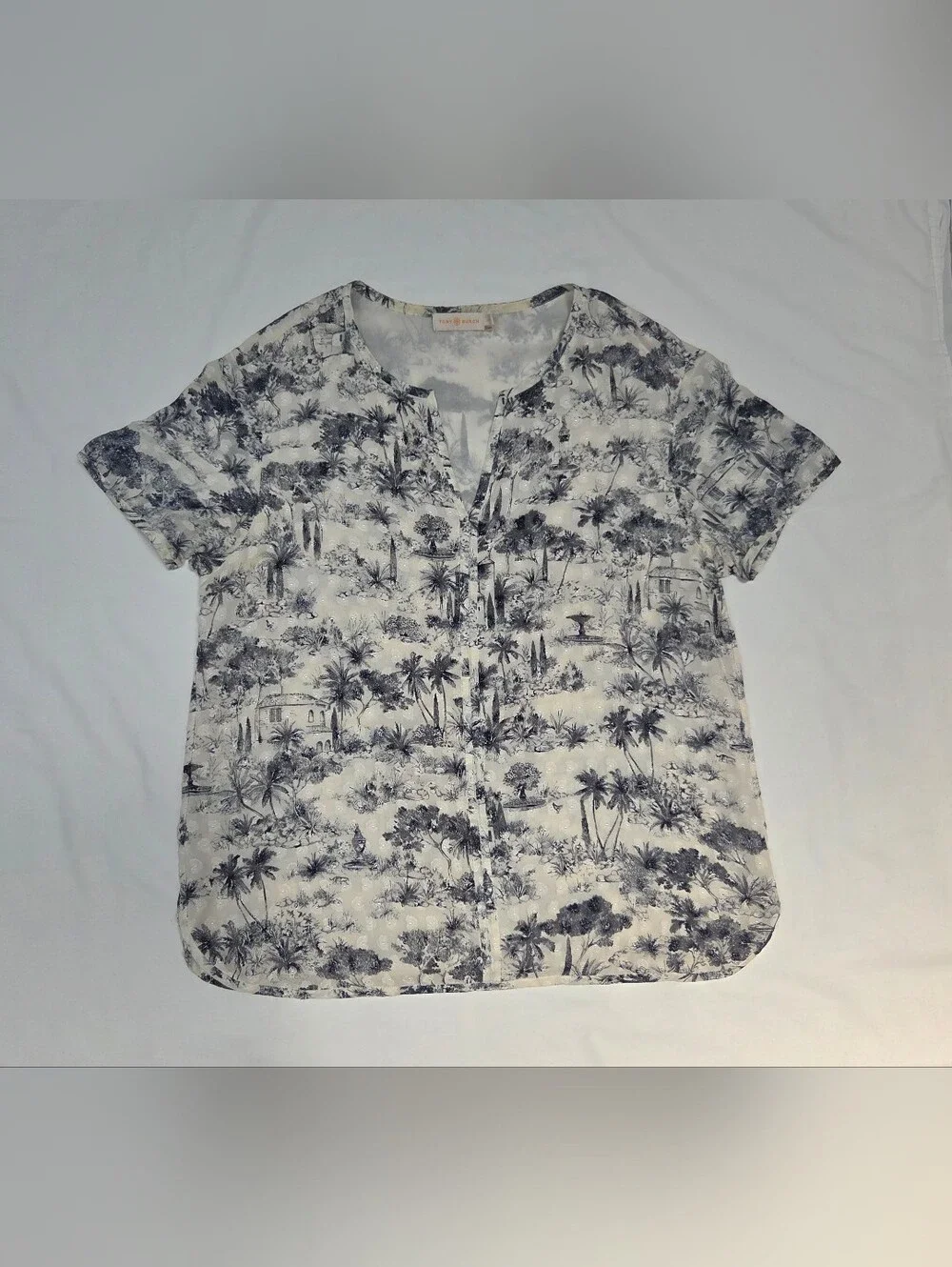 Tory Burch Tropical Toile Silk Short Sleeve Top L